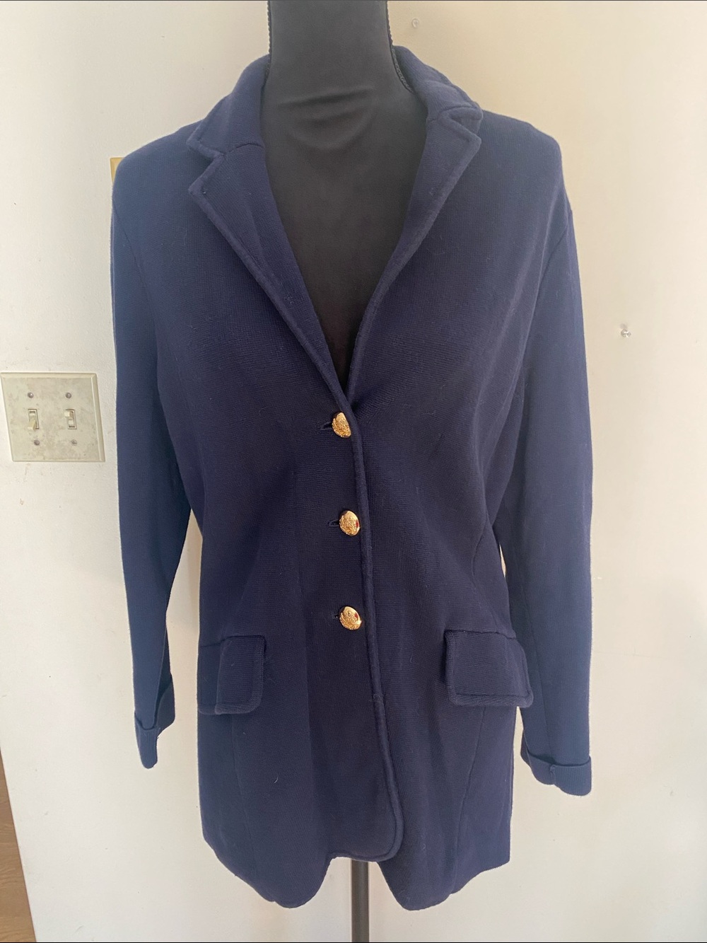 Lauren Ralph Lauren Navy Sweater Knit Blazer Jacket w/ Gold Buttons US Sz XL